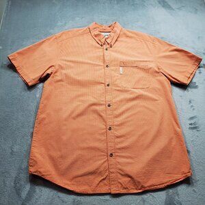 Columbia Button Down Short Sleeve Plaid Shirt 1 Pocket Orange White Men Sz L